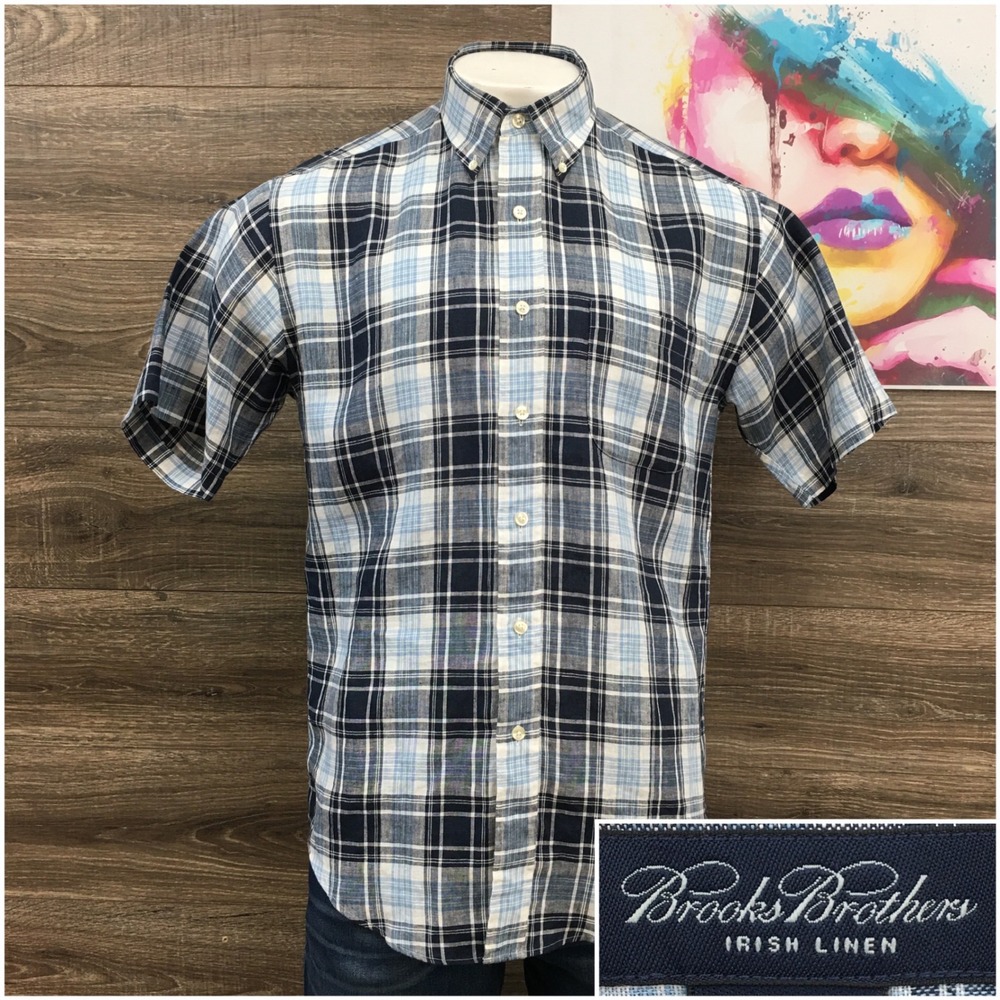 Brooks Brothers Men Size M Irish Linen Plaid Short Sleeve Button Down Shirt Blue
